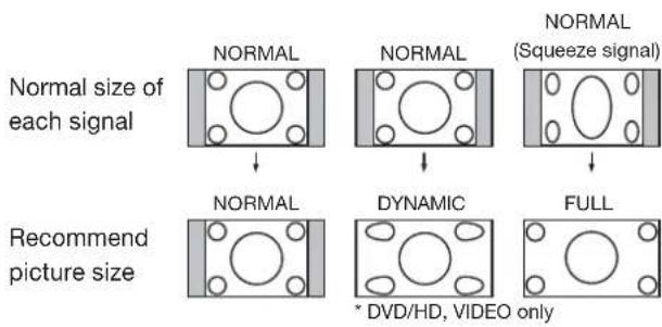 Normal size of each signal NORMAL NORMAL NORMAL (Squeeze signal) ↓ Recommend picture size NORMAL DYNAMIC FULL * DVD/HD, VIDEO only