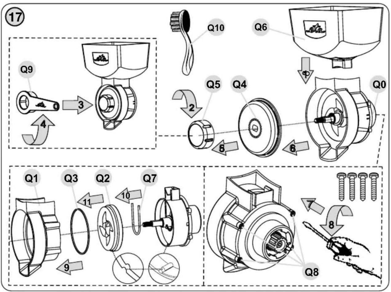 Technical diagram showing exploded and assembled assembly of a mechanical device with labeled parts and numbered callouts.