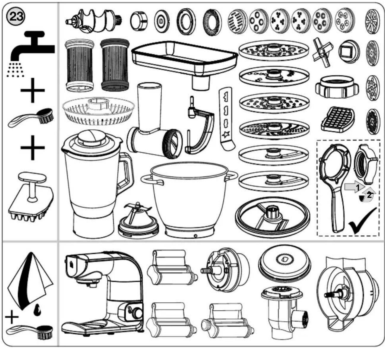 Technical diagram showing exploded view of kitchen cleaning equipment with numbered labels and component illustrations