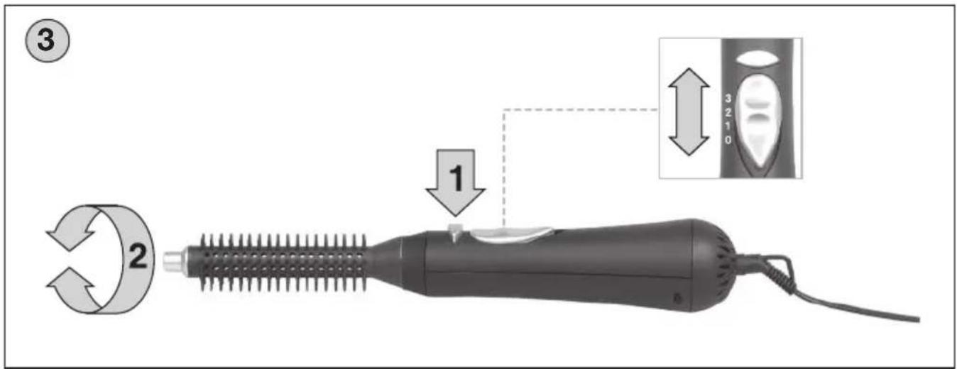 Diagram illustrating hair styling process with labeled parts and directional arrows