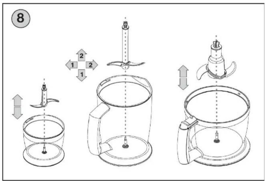 Technical diagram illustrating the step-by-step assembly of a kitchen pot with labeled parts and directional arrows.