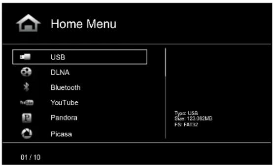 Home Menu USB DLNA Bluetooth YouTube Panda Picasa 01 / 10 Type: USB Size: 123.052MB FS: FAT32