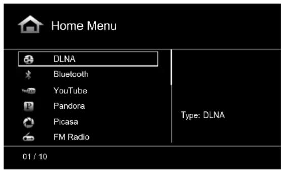 Home Menu DLNA Bluetooth YouTube Pandora Picasa FM Radio Type: DLNA 01 / 10