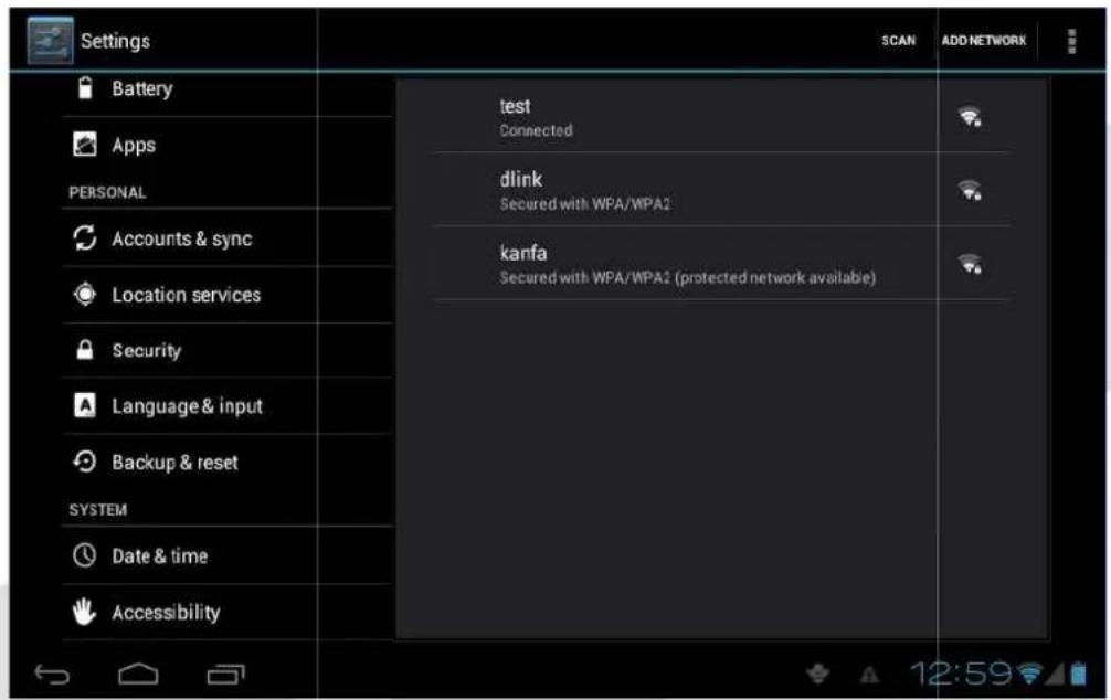 Settings Battery Apps PERSONAL Accounts & sync Location services Security Language & input Backup & reset SYSTEM Date & time Accessibility test Connected dlink Secured with WPA/WPA2 kanfa Secured with WPA/WPA2 (protected network available) SCAN ADD NETWORK