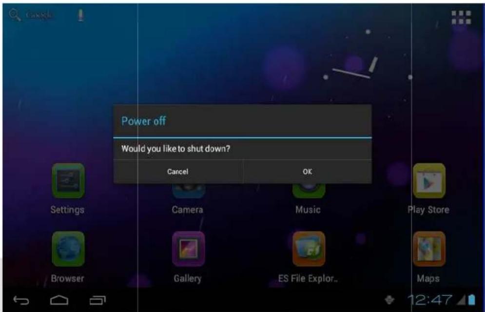 Google Power off Would you like to shut down? Cancel OK Settings Camera Music Play Store Browser Gallery ES File Explor.. Maps 12:47