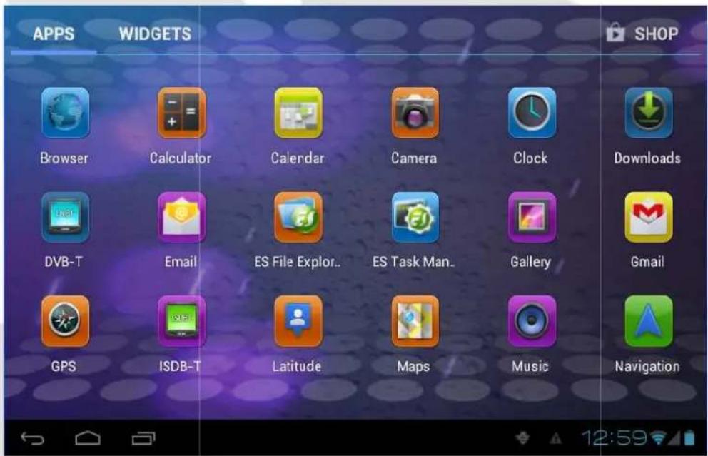 APPS WIDGETS Browser Calculator Calendar Camera Clock Downloads DVB-T Email ES File Explor.. ES Task Man.. Gallery Gmail GPS ISDB-T Latitude Maps Music Navigation