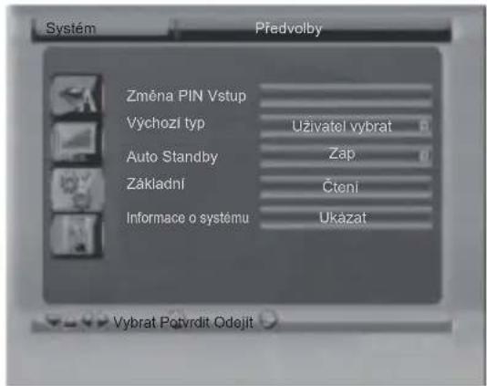 Systém Předvolby Změna PIN Vstup Výchozl typ Uživatel vybrat Auto Standby Zap Základní Čtení Informace o systému Ukázat Vybrat Potvrdit Odejit