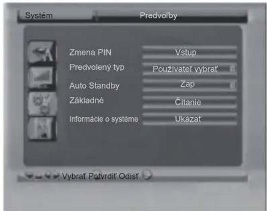 Systém Predvol'by Zmena PIN Vstup Predvolený typ Použivateľ vybrat' Auto Standby Zap Základné Čítanie Informácie o systéme Ukázat Vybrat Potvrdit Odist