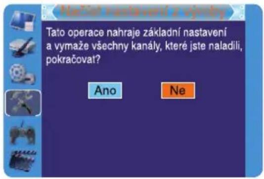 Našat nastavení z výměj Tato operace nahraje základní nastavení a vymaže všechny kanály, které jste naladili, pokračovalí? Ano Ne