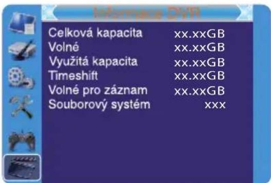 Ceková kapacita xx.xxGB Volné xx.xxGB Využitá kapacita xx.xxGB Timeshift xx.xxGB Volné pro záznam xx.xxGB Souborový systém xxx