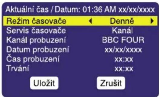 Aktuální čas / Datum: 01:36 AM xx/xx/xxxx Režim časovače Servis časovače Kanál probuzení Datum probuzení Čas probuzení Trvání Uložit Denně Kanál BBC FOUR xx/xx/xxxx xx:xx xx:xx Zrušit