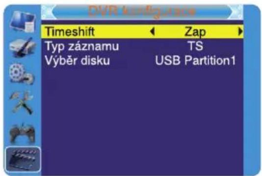 DVR configurace Timeshift ← Zap Typ záznamu TS Výběr disku USB Partition1