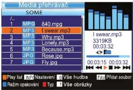 Media přehrávač SOME /.. 1 MPG 840.mpg 2 MP3 I swear.mp3 3 MP3 Why.mp3 4 MP3 Lonely.mp3 5 MP3 Because.mp3 6 JPG Rose.jpg 7 JPG Fly.jpg Play list INFO Nastavení 0 Vše hudba FAV Přidat soubor Režim opakování Typ 1 Vše obrázky