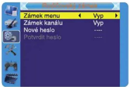 Zámek menu Zámek kanálu Nové heslo Potvrdit heslo Vyp Vyp ----