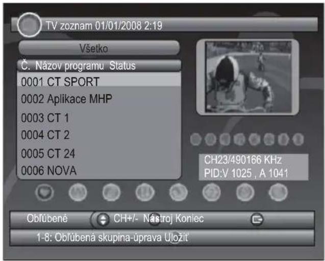 TV zoznam 01/01/2008 2:19 Všetko Č. Názov programu Status 0001 CT SPORT 0002 Aplikace MHP 0003 CT 1 0004 CT 2 0005 CT 24 0006 NOVA CH23/490166 KHz PID:V 1025 , A 1041 Obřúbené CH+/- Nástroj Koniec 1-8: Oblúbená skupina-úprava Uložit