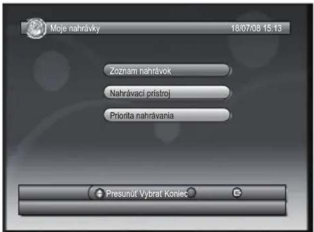 Moje nahrávky 18/07/08 15:13 Zoznam nahrávok Nahrávací prístroj Priorita nahrávania Presunut Vybrat Koniec