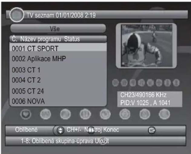 TV seznam 01/01/2008 2:19 Vše Č. Název programu Status 0001 CT SPORT 0002 Aplikace MHP 0003 CT 1 0004 CT 2 0005 CT 24 0006 NOVA CH23/490166 KHz PID:V 1025 , A 1041 Oblíbené CH+/- Nástroj Konec 1-8: Oblíbená skupina-úprava Uložit