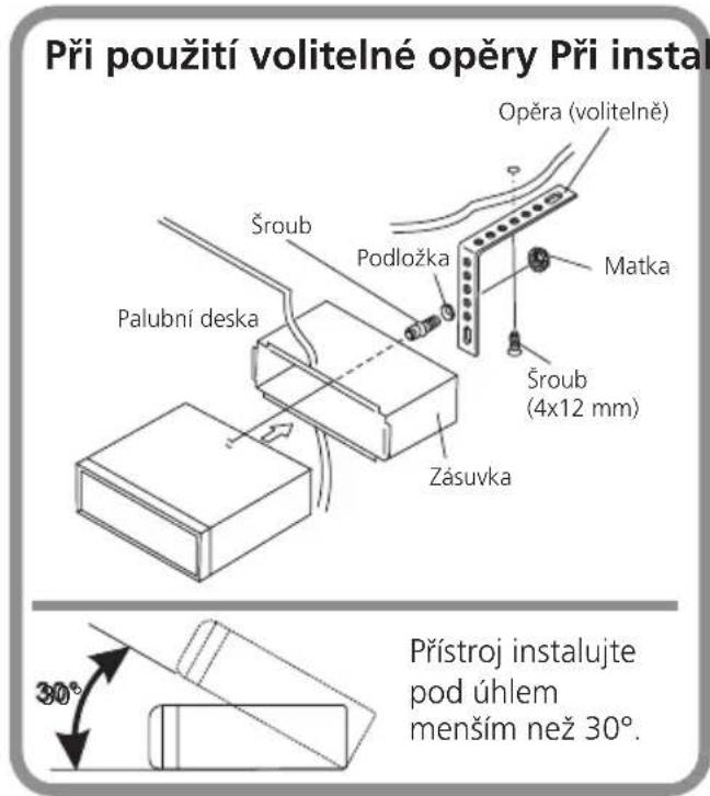 Při použití volitelné opěry Při instal Šroub Podložka Matka Opěra (volitelně) Šroub (4x12 mm) Palubní deska Zásuvka Přístroj instalujte pod úhlem menším než 30°.