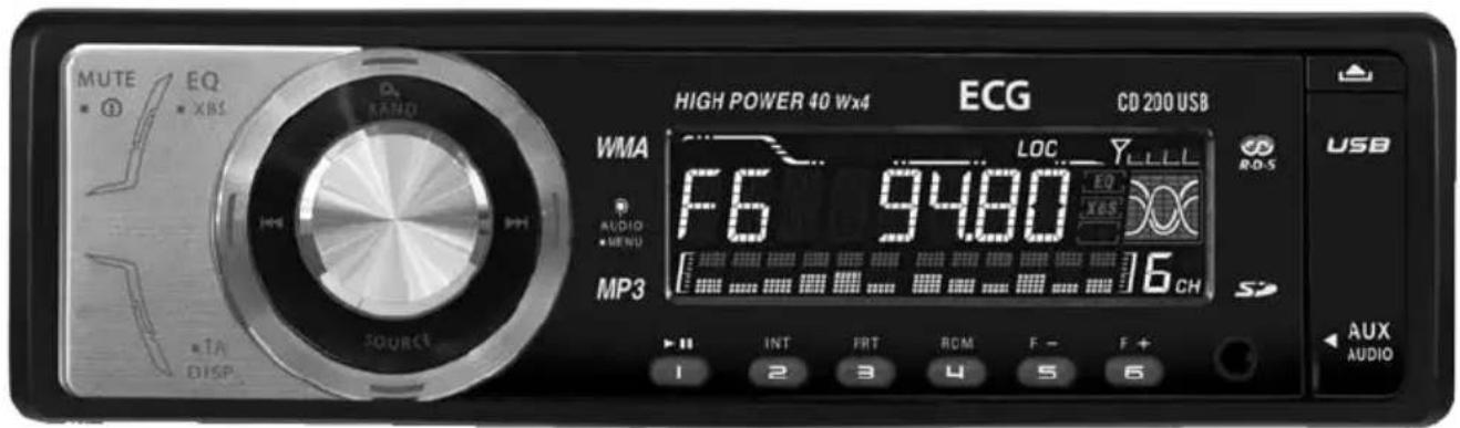 MUTE EQ • ① XBS RANO HIGH POWER 40 Wx4 ECG CD 200 USB WMA LOC YLLLL F6 9480 EQ AUDIO MENU MP3 16 CH •TA DISP SOURCE USB AUX AUDIO