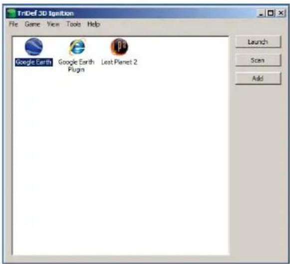 TriDef 3D Ignition File Game View Tools Help Google Earth Google Earth Plugin Lost Planet 2 Launch Scan Add