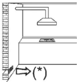Diagram showing a ceiling fixture with an air vent and directional arrow labeled (*)