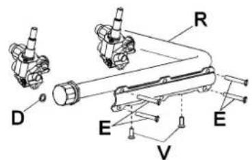 Technical diagram of a mechanical assembly with labeled components D, E, V, R and a central shaft-like component