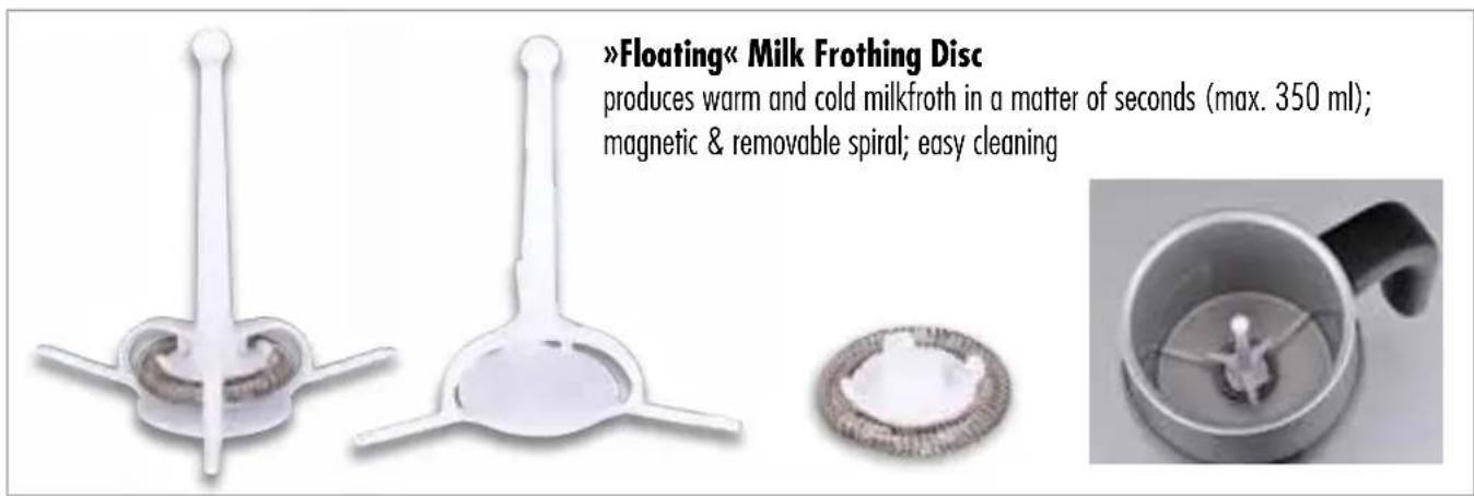 »Floating« Milk Frothing Disc produces warm and cold milkfroth in a matter of seconds (max. 350 ml); magnetic & removable spiral; easy cleaning