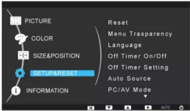 PICTURE COLOR SIZE&POSITION SETUP&RESET INFORMATION Reset Menu Trasparency Language Off Timer On/Off Off Timer Setting Auto Source PC/AV Mode