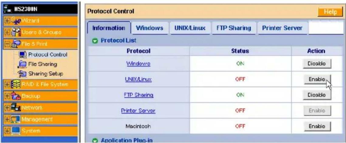 Promise Technology SmartStor NS2300N - In the Tree, click the + beside the File & Print icon to expand the Tree, then click the Protocol Control icon. - 1