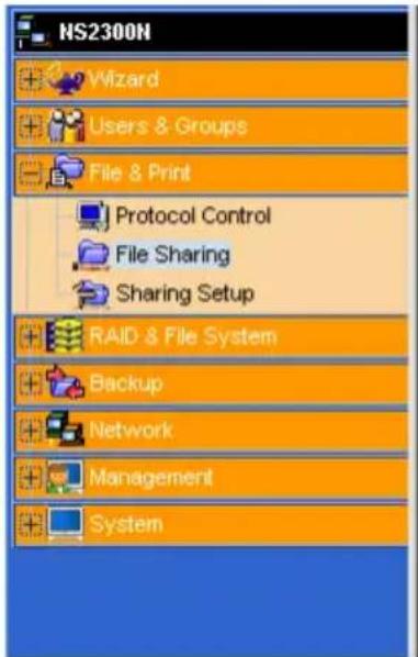 Promise Technology SmartStor NS2300N - In the Tree, click the + beside the File & Print icon to expand the Tree, then click the Protocol Control icon. - 2