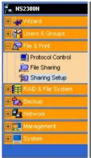 Promise Technology SmartStor NS2300N - In the Tree, click the + beside the File & Print icon to expand the Tree, then click the Protocol Control icon. - 4