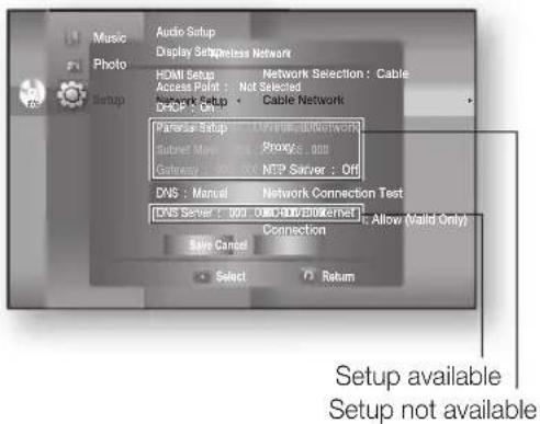 SAMSUNG HT-BD1250R - SETTING UP THE NETWORK SETUP OPTIONS - 1