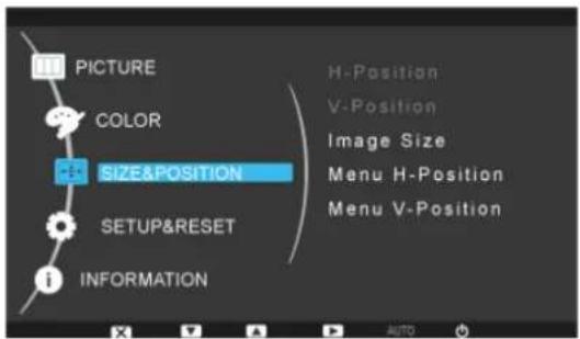 PICTURE COLOR SIZE&POSITION SETUP&RESET INFORMATION H-Position V-Position Image Size Menu H-Position Menu V-Position