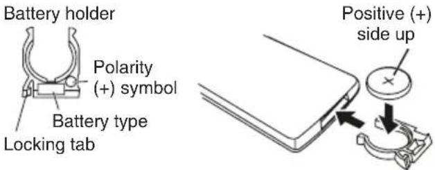 Battery holder Polarity (+) symbol Battery type Locking tab Positive (+) side up