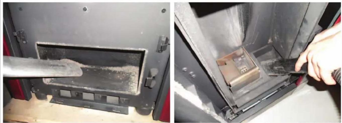 Two-panel image showing a black metal enclosure with a pipe inserted, and a hand holding a small device inside a container (no visible text or symbols)