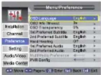 MenuPreference OBO Language OBO Info Threshold DSO Transparency 1st Preferred Subtitle 2nd Preferred Subtitle Hand Hearing 1st Preferred Audio 2nd Preferred Audio Multi Media Preference PVR Control