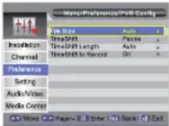 MediaPreference/PVII-Config Time Shift Timeshift Length TimeShift to Record Actions Passes Auto On Installation Channel Preferences Setting Audio/Video Media Center
