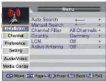 Media Slot Channel Preference Setting Audio/Video Media Center Auto Search ← > Manual Search ← > Channel Filler All Channels * Country Germany * LCN Off * Active Antenna Off * Move Paper Edit Back Exit