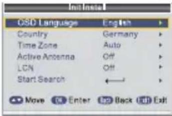 Init Instal OSD Language English Country Germany Time Zone Auto Active Antenna Off LCN Off Start Search ←→ Move Enter Back Edit Exit
