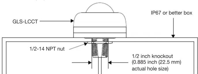 GLS-LCCT IP67 or better box 1/2-14 NPT nut 1/2 inch knockout (0.885 inch (22.5 mm) actual hole size)