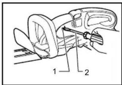 Technical diagram showing a mechanical device with labeled parts 1 and 2, likely illustrating a tool or assembly.