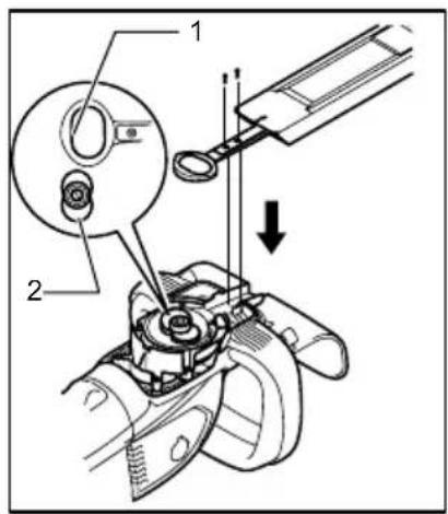 Technical diagram showing mechanical assembly with labeled parts and directional arrow indicating motion