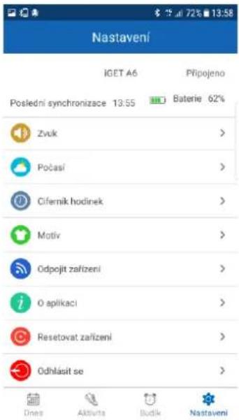 Nastavení IGET A6 Připojeno Poslední synchronizace 13:55 Baterie 62% Zvuk > Počasí > Cifernik hodinek > Motiv > Odpojit zařízení > O aplikaci > Resetovat zařízení > Odhlasit se > Dnes Aktivita Budik Nastavení