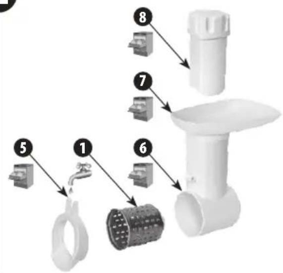 Diagram showing the assembly of a food kitchen tool with numbered parts for identification.