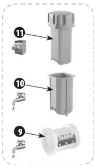 Diagram showing three labeled parts of a water dispenser with numbered annotations pointing to different components.