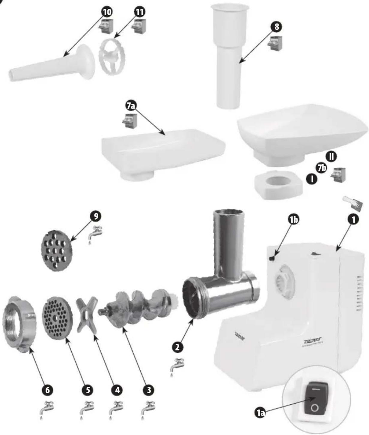 Exploded view diagram of a food processor with numbered parts for identification