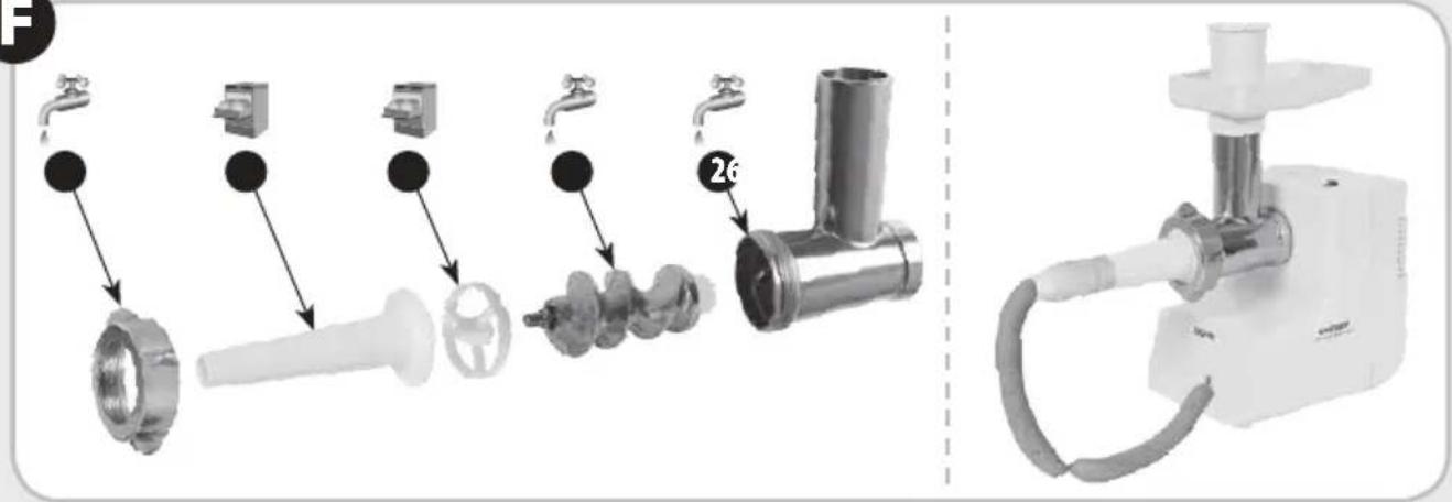 Diagram showing the assembly of a kitchen tool with labeled parts and a separate view of the motor.