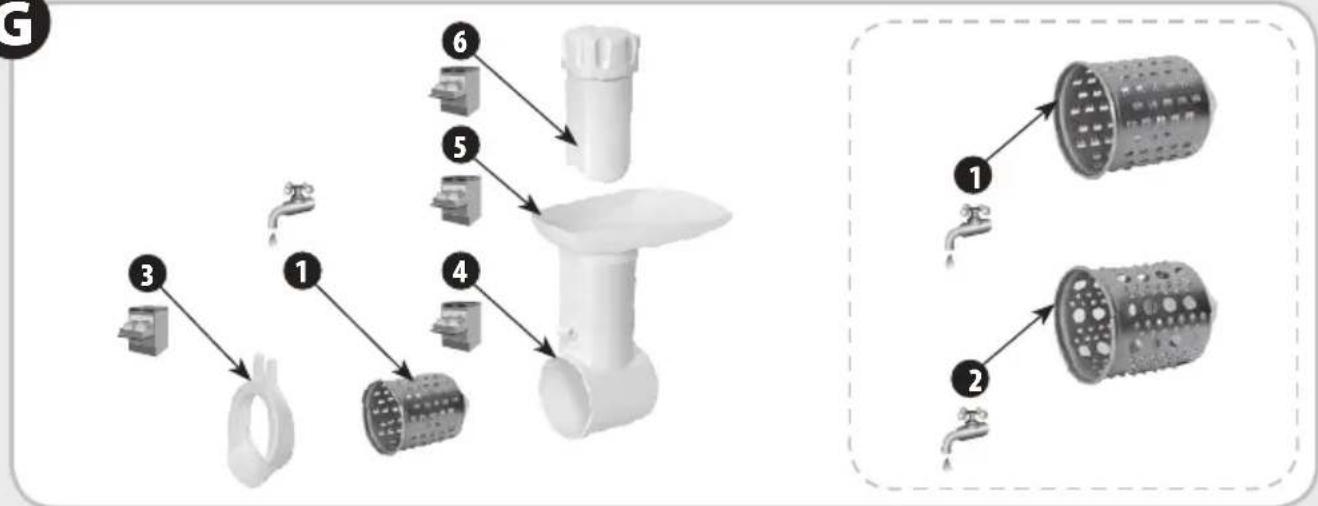 Diagram illustrating the assembly of a kitchen utensil with labeled parts and their corresponding water filter structures.