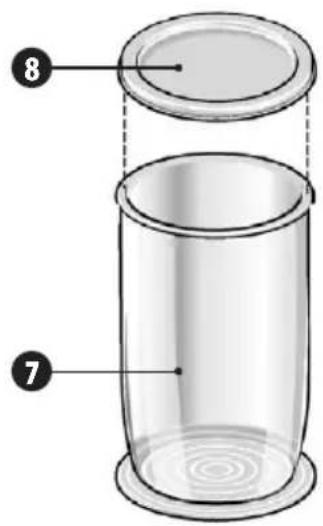 Diagram of a cylindrical container with labeled parts 7 and 8, showing internal structure and top layer.