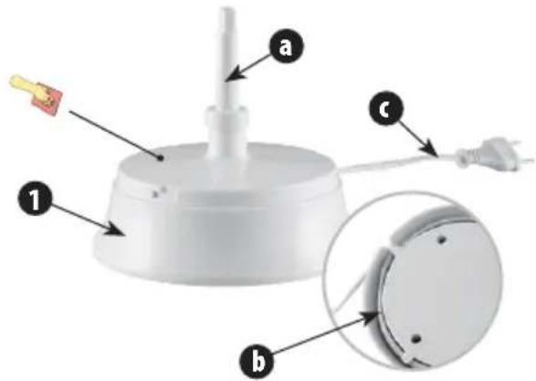 Diagram of a small electronic device with labeled parts including a pin, base, and cable, plus an inset close-up view.